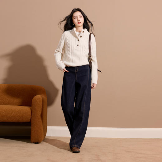 【100棉】三彩2025冬季新款一体绒磨毛牛仔裤休闲宽松镰刀裤长裤S 商品图3