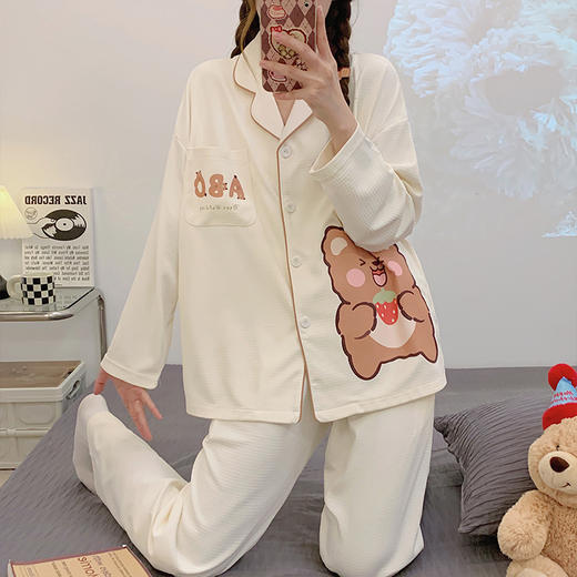 【舒适透气！温和亲肤】柔软亲肤，睡衣女士春秋季仿棉长袖新款可爱可外穿华夫格家居服套装。ra 商品图3