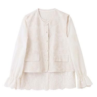 HR CPYY8117新中式棉麻提花马甲外套蕾丝小衫两件套 商品图4