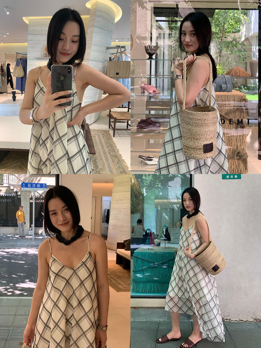 HIDEMI “我们做印花”原创手绘格纹清透薄纱缎设计感两件式防走光吊带连衣裙 商品图3