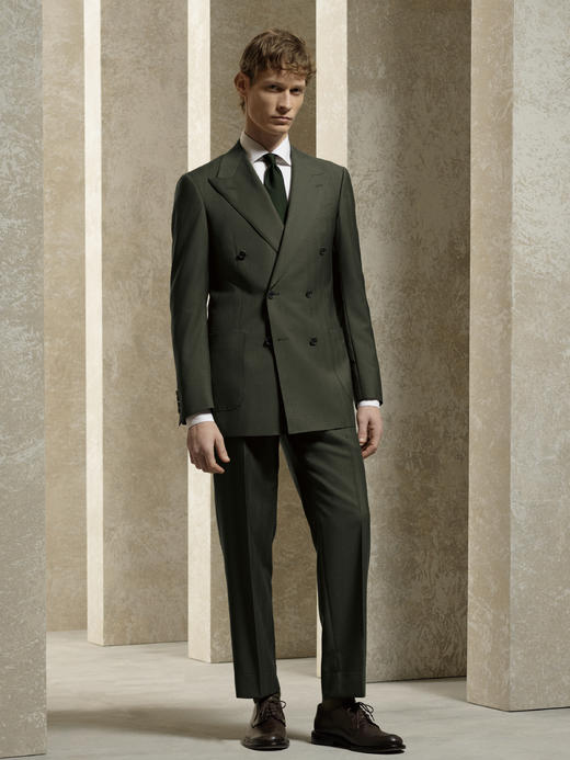 Stylbiella 澳洲美丽诺羊毛橄榄绿暗条纹全麻衬西装套装 商品图0