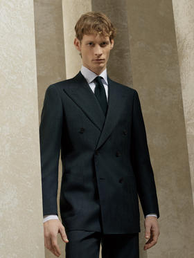 Stylbiella 澳洲美丽诺羊毛深灰色暗条纹全麻衬西装套装