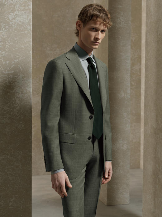 Stylbiella 澳洲美丽诺羊毛橄榄绿亲王格全麻衬西装套装 商品图0