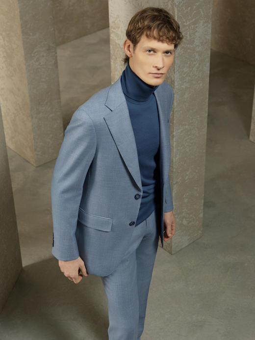 Stylbiella 澳洲美丽诺羊毛浅蓝色亲王格全麻衬西装套装 商品图0