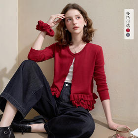 西遇韩系甜美木耳边圆领针织衫女秋季设计感百搭气质软糯毛衣H0051311