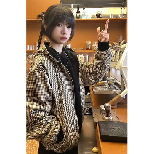 美式复古双面穿外套 千鸟格连帽拉链开衫卫衣 宽松潮牌外套上衣 商品图3
