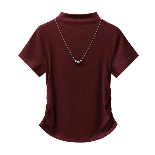 「自j」全新升级【铂金会员109/天猫149/差价40】(00052)洛诗琳气质半高领打底T恤2025早秋褶皱天丝正肩显瘦短袖上衣 商品图4