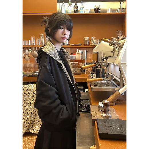 美式复古双面穿外套 千鸟格连帽拉链开衫卫衣 宽松潮牌外套上衣 商品图0