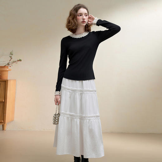 西遇珍珠点缀花边针织衫T恤女秋季修身显瘦内搭长袖打底衫V3151290 商品图3