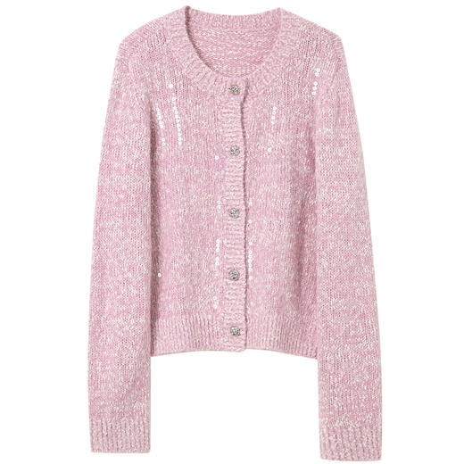 三彩2025冬季新款亮片花纱毛衣针织衫圆领开衫短款法式优雅女 商品图4