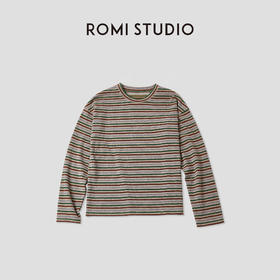 ROMI STUDIO“复古色彩”定织撞色条纹柔软圆领长袖T恤RWCAS65455
