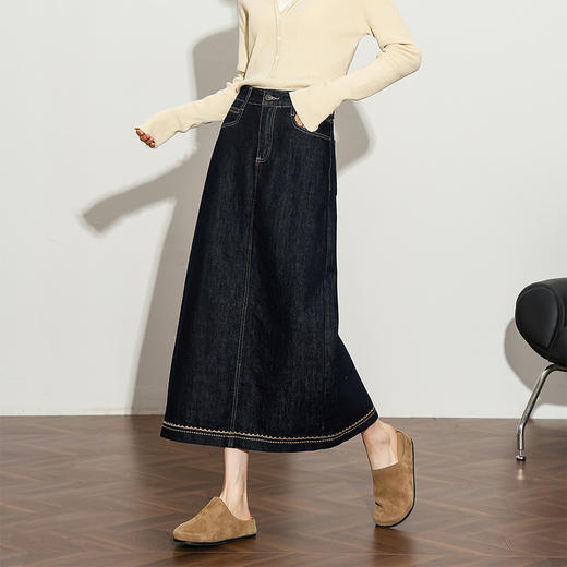 西遇复古气质优雅牛仔裙女秋季高腰显瘦通勤中长款直筒半身裙H0051318 商品图0