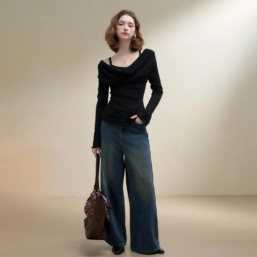 西遇韩系气质荡领假两件长袖针织衫女秋季高级感修身显瘦上衣V3051228 商品图2