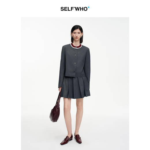 SELFWHO绵羊毛混纺撞色毛织圆领外套女2025秋季新款宽松箱型上衣 商品图2