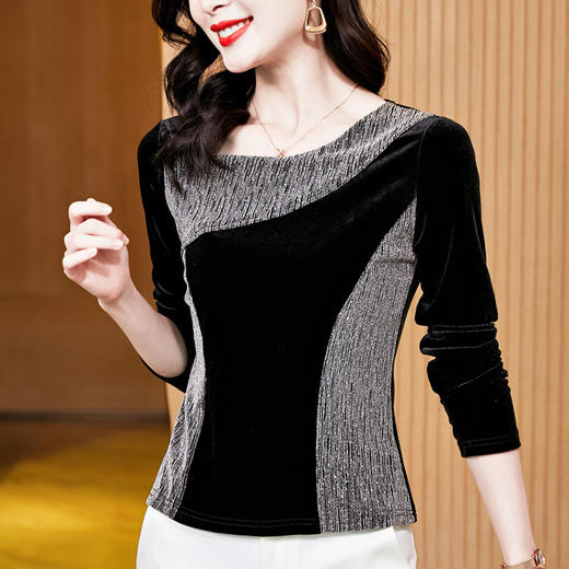 KQL E37M2922气质亮丝拼接丝绒修身显瘦长袖t恤 商品图1