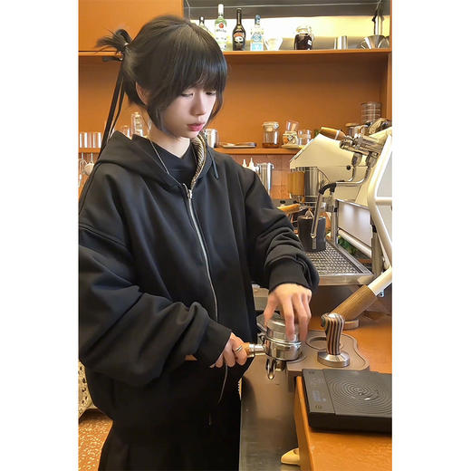 美式复古双面穿外套 千鸟格连帽拉链开衫卫衣 宽松潮牌外套上衣 商品图4