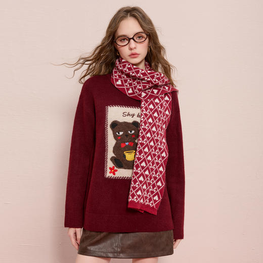 【绵羊毛】三彩2025新款复古甜美爱心蝴蝶结提花外搭围巾保暖女 商品图2