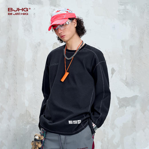 BJHG不计后果美式华夫格长袖t恤男款秋季潮休闲运动反光打底上衣 商品图0