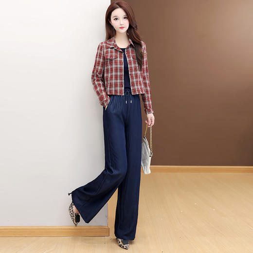 QYM 53B254-Y优雅三件套背心+格纹短款衬衫+高腰直筒阔腿裤套装 商品图2