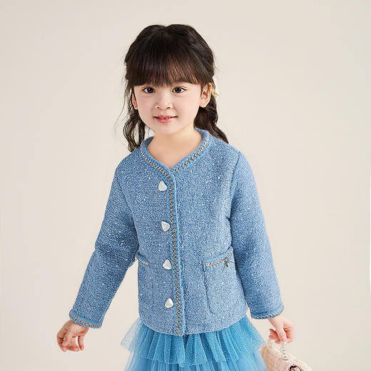 笛莎Deesha 童装女童外套2025冬新款女童织带爱心纽扣立体蝴蝶结香风外套 商品图1