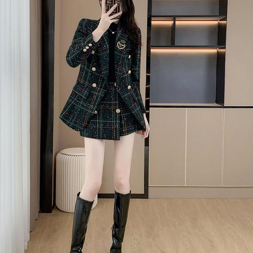 奢姿女装2025新款学院风复古职业套装女士格子图案西装裙裤两件套25093A213 商品图0