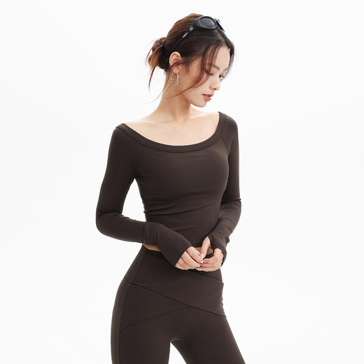 跃牌【禅语梵心】一字领瑜伽服长袖带胸垫跑步速干透气运动文胸健身服上衣CX3325 商品图3