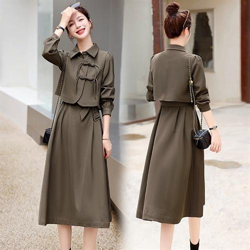 秋季新款复古盘扣两料扣马甲衬衣领气质两件套套裙HR-YWY8905 商品图3