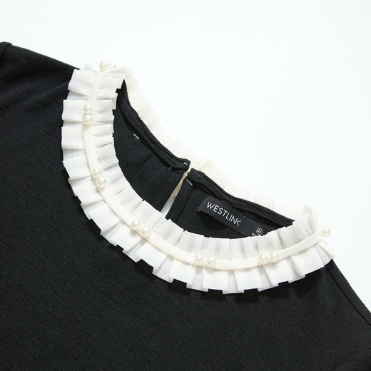 西遇珍珠点缀花边针织衫T恤女秋季修身显瘦内搭长袖打底衫V3151290 商品图5