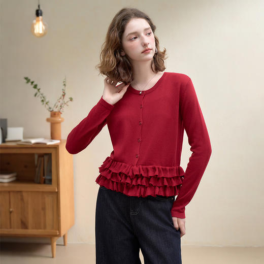 西遇韩系甜美木耳边圆领针织衫女秋季设计感百搭气质软糯毛衣H0051311 商品图2