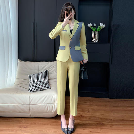 奢姿女装2025新款气质翻驳领职业套装女士灰色拼接时尚西装两件套250082185 商品图2