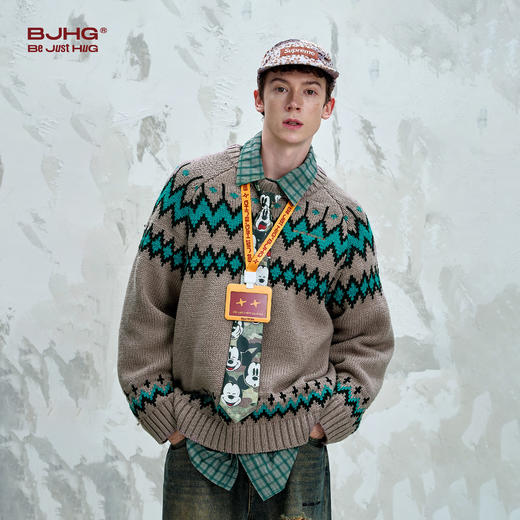 BJHG不计后果撞色圆领毛衣男款秋2025新款宽松百搭插肩袖情侣上衣 商品图3