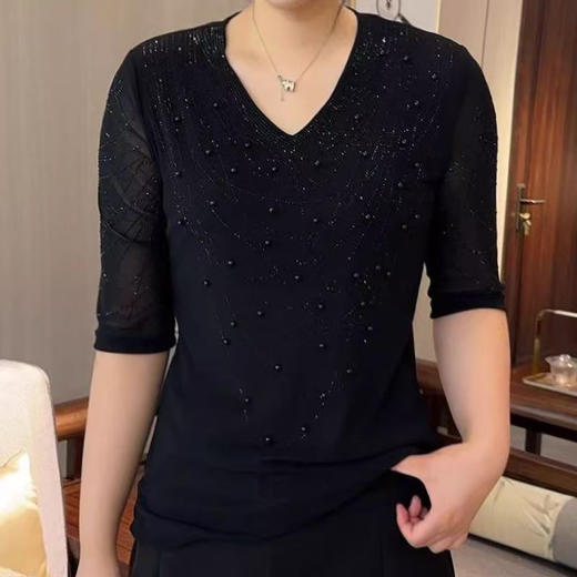 FW 9012时尚v领洋气百搭弹力网纱气质上衣 商品图3