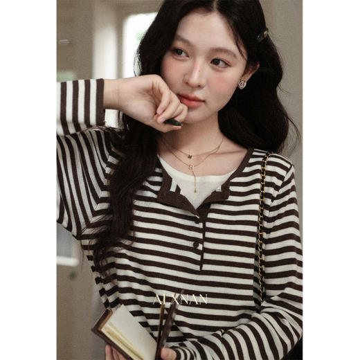 鹿向南「胶片旧影」假两件条纹长袖针织衫秋季新款气质通勤上衣女 商品图1