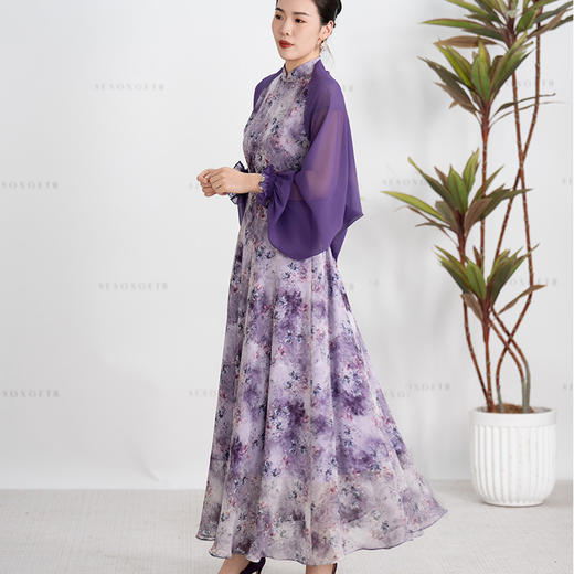 YBY Y500新中式端庄大气紫色印花修身连衣裙 商品图2