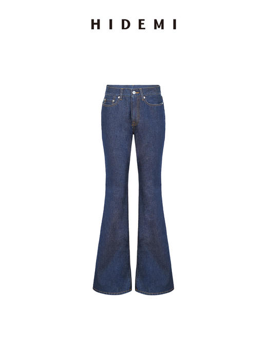 HIDEMI 【demi同款】深牛仔蓝原色微弹喇叭超显瘦长裤牛仔裤 商品图5