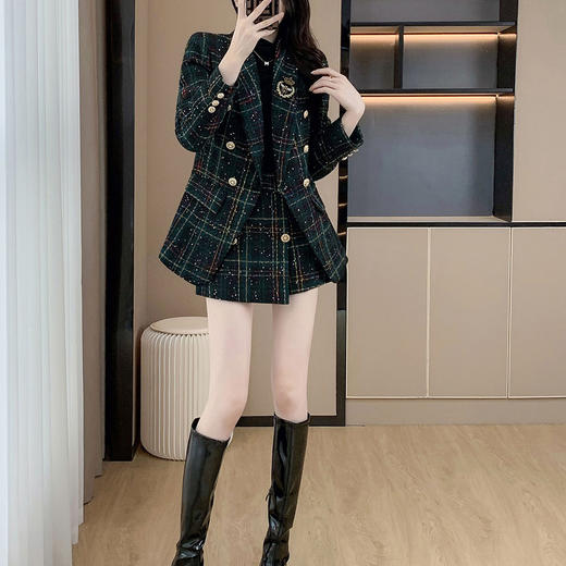 奢姿女装2025新款学院风复古职业套装女士格子图案西装裙裤两件套25093A213 商品图1