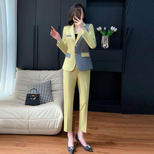 奢姿女装2025新款气质翻驳领职业套装女士灰色拼接时尚西装两件套250082185 商品图0