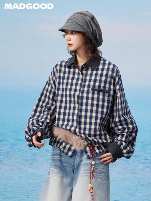 马得工地/MDGDCS13204/肌理格纹撞色领短款衬衫 商品图1