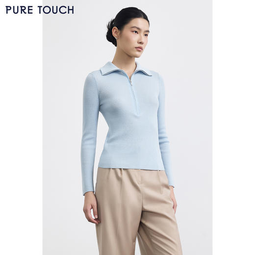 PURE TOUCH浅蓝色翻领半拉链坑条针织衫 商品图0