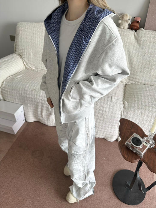 双面穿连帽外套 格子设计感开衫卫衣 秋冬美式复古情侣外套上衣 商品图1