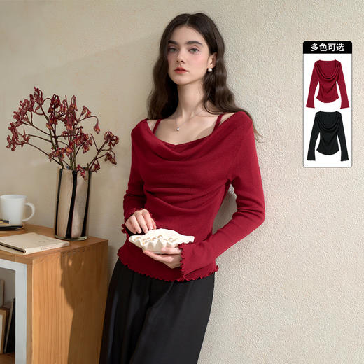西遇韩系气质荡领假两件长袖针织衫女秋季高级感修身显瘦上衣V3051228 商品图0