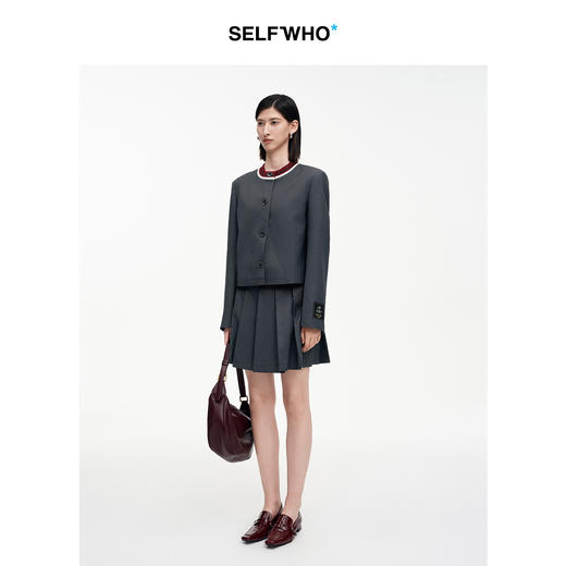 SELFWHO绵羊毛混纺A字腰带百褶短裙女2025秋新款小个子显瘦半身裙 商品图1