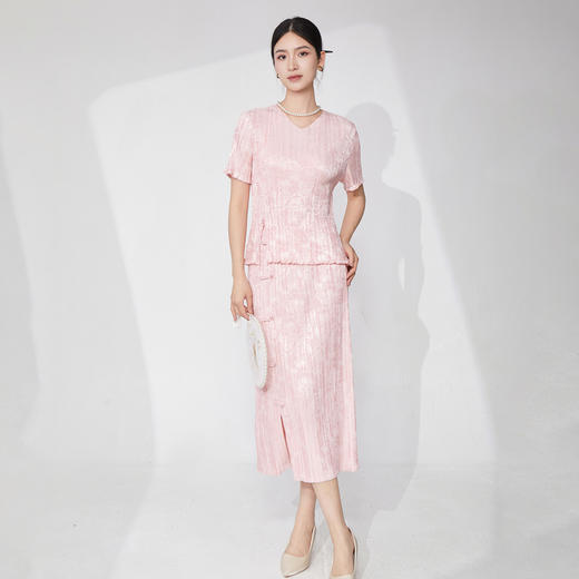 「自」全新升级【铂金会员339/天猫459/差价120】(11315)洛诗琳气质新中式复古盘扣T恤褶皱开叉包臀半身裙两件套女 商品图0