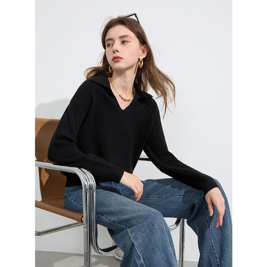 三彩2025冬季新款翻领针织衫慵懒宽松插肩袖毛衫套头衫显瘦女 商品图2