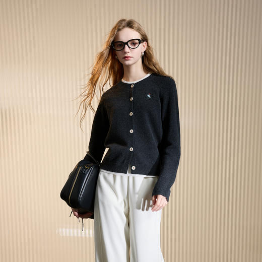 【100绵羊毛】三彩2025冬新款绣花圆领针织衫长袖开衫显瘦高级感M 商品图3