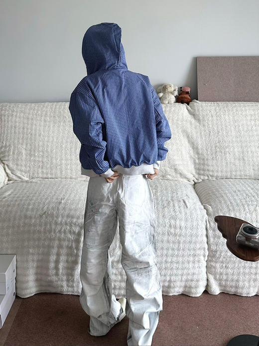 双面穿连帽外套 格子设计感开衫卫衣 秋冬美式复古情侣外套上衣 商品图4