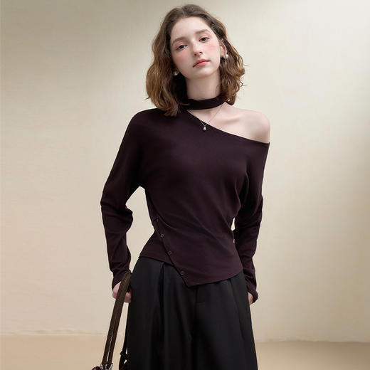 西遇韩系挂脖斜肩露肩长袖针织T恤女秋设计感不规则下摆上衣H0051308 商品图3