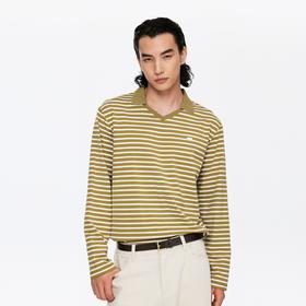 oneup翻领V领条纹弹力长袖