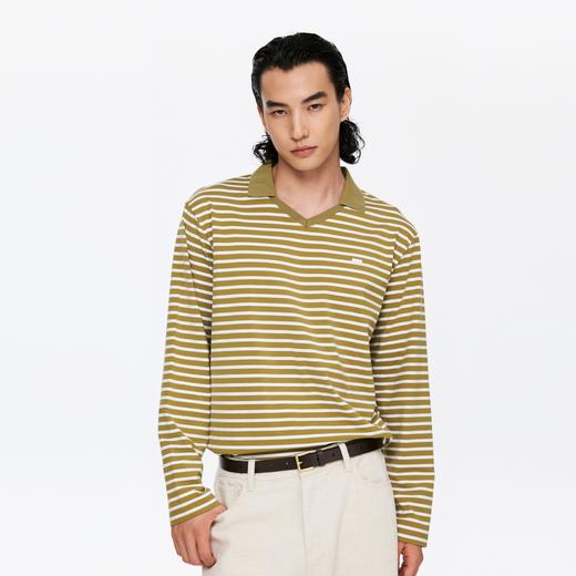 oneup翻领V领条纹弹力长袖 商品图0