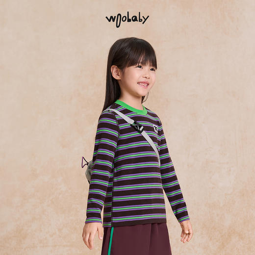 【woobaby】【远红外发热】儿童条纹T恤25秋新品男女童上衣磨毛柔软内搭 商品图1
